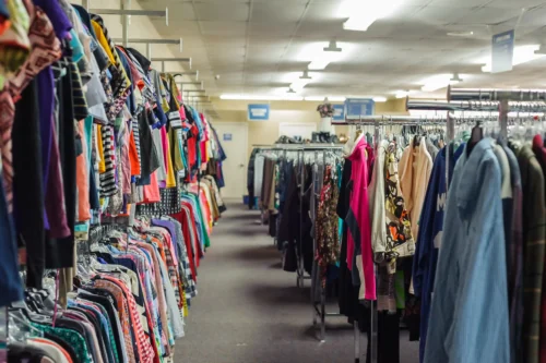 Rows of colorful clothes in a thrift store, ideal for a fashion shopping day.